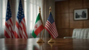 Флаги Ирана, России и США на фоне переговорного стола в зале заседаний
