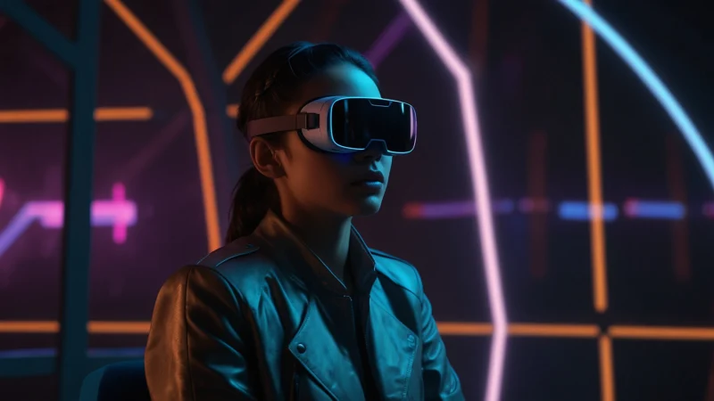 Человек в VR-шлеме в окружении светящихся туннелей и абстрактных символов прошлых жизней