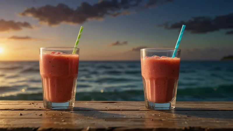 Коралловый смузи в стакане на фоне моря и кораллов