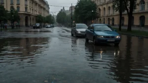 Затопленная улица Москвы после рекордного ливня, автомобили в воде, пасмурное небо