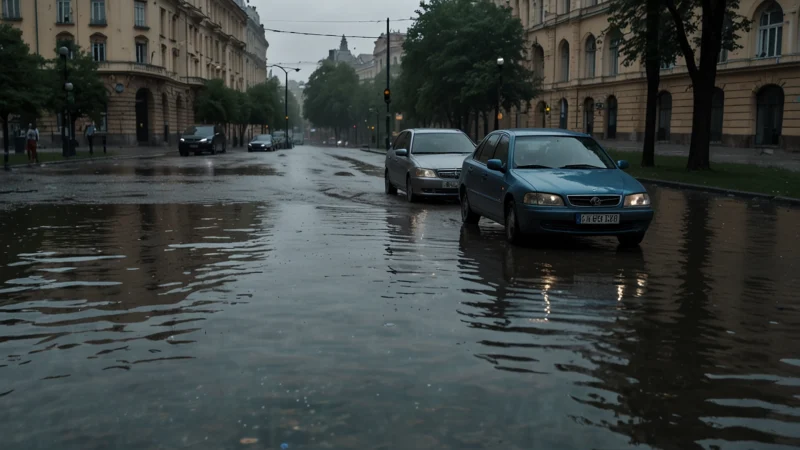 Затопленная улица Москвы после рекордного ливня, автомобили в воде, пасмурное небо