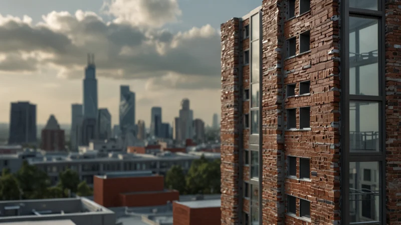 Умные кирпичи с пористой структурой, реагирующие на влажность и температуру, на фоне современного здания