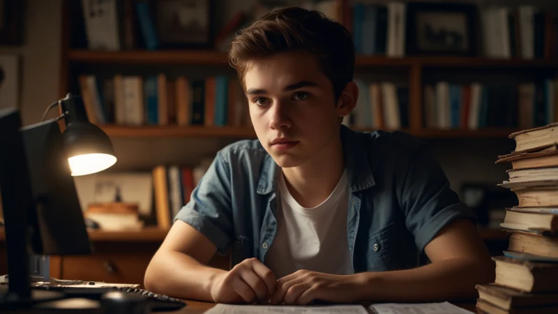 Подросток сидит за компьютером в темной комнате с экраном, отражающим сложные графики и интерфейсы, символ цифровой…