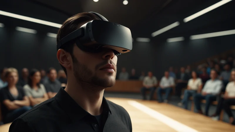 Человек в VR-шлеме выступает перед виртуальной аудиторией в процессе психотерапевтической тренировки
