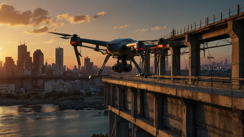 Дрон наносит 3D-бетон на ремонтируемую бетонную опору моста