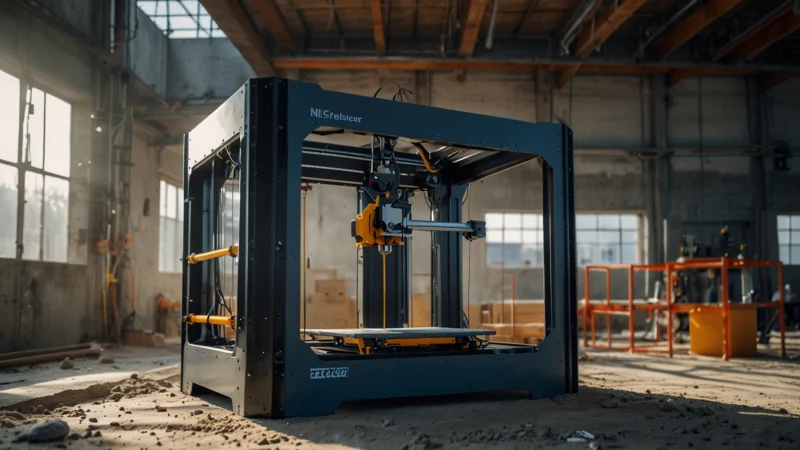3D-принтер печатает бетонные стены жилого дома на стройплощадке, минимизируя отходы материалов