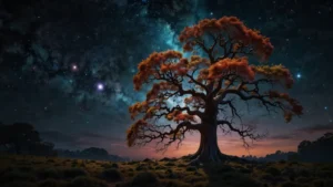 Abstract visualization of branching parallel universes emerging from quantum decisions in a cosmic tree-like structure
