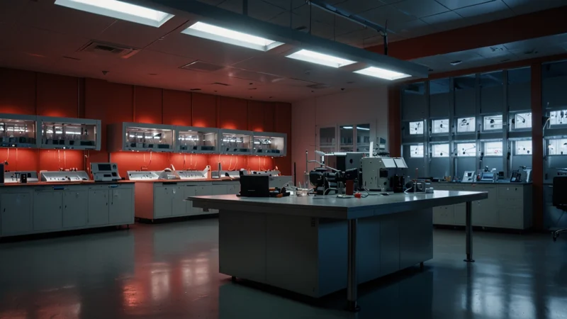 Close-up of entangled photon experiment setup with lasers and detectors in a dark laboratory