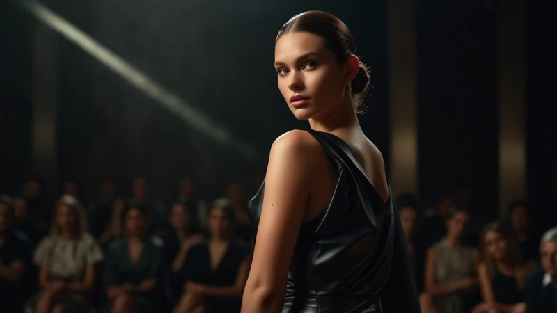 Асимметричное платье с разной длиной рукавов и контрастными фактурами на модном показе