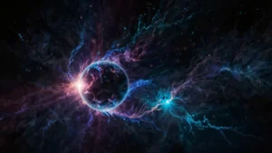 Абстрактное изображение плазменной структуры, напоминающей клетку, на фоне космоса