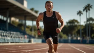 Спортсмен во время тренировки спортивной ходьбы с электродами нейростимуляции на ногах