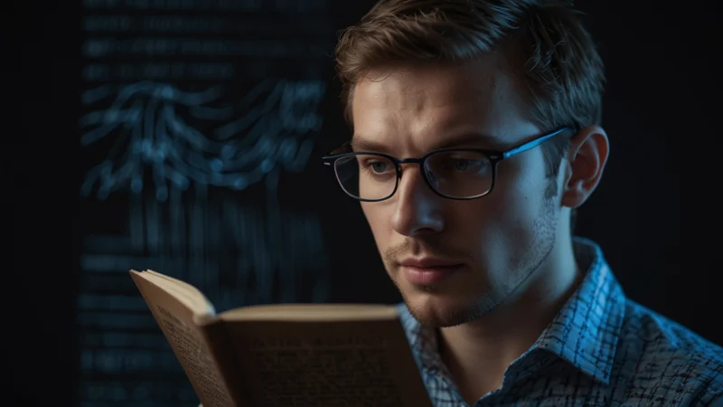 Человек читает книгу быстро, сфокусированно, на фоне абстрактных нейронных связей мозга