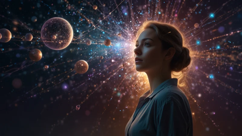Abstract visualization of quantum branching universe with decision-theoretic rational agent choosing between outcomes