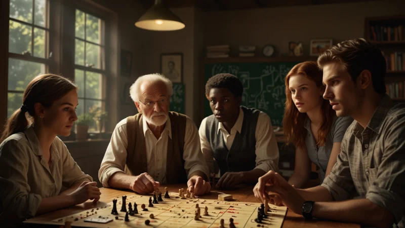 People playing a strategic board game with confused expressions, illustrating deviation from rational Nash equilibrium…
