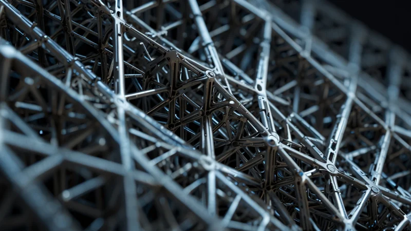 Фрактальная армирующая сеть из титана, созданная методом 3D-печати, на фоне чертежа