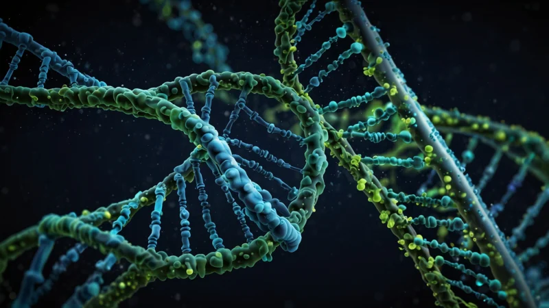 Abstract representation of DNA helix and binary code merging, symbolizing the intersection of biology and digital…