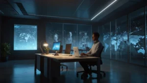 Голографическая 3D-модель клиента в интерфейсе CRM с интерактивными элементами и датчиками