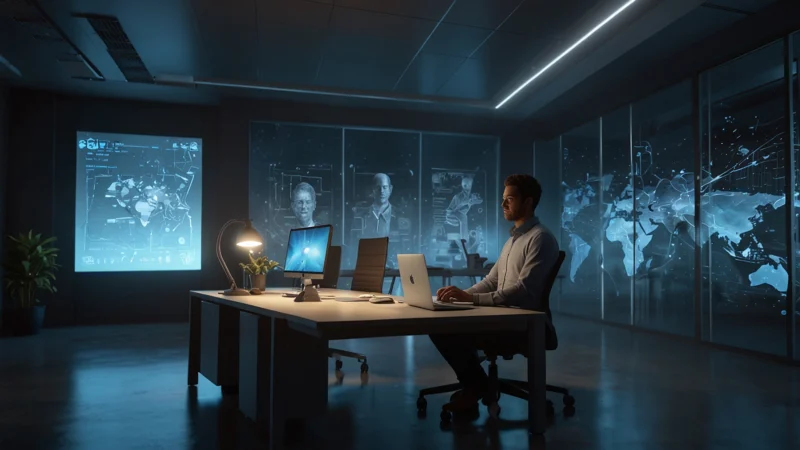 Голографическая 3D-модель клиента в интерфейсе CRM с интерактивными элементами и датчиками