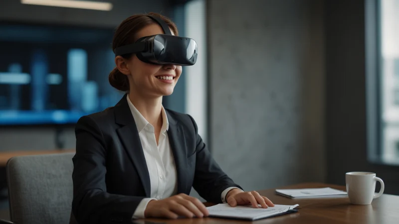 Рекрутер в VR-шлеме ведет переговоры с виртуальным аватаром кандидата в офисе