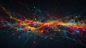 Схематичное изображение потоков данных в глубокой нейронной сети с цветными узлами и связями