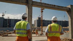 Строители монтируют prefab-балку на объекте восстановления здания