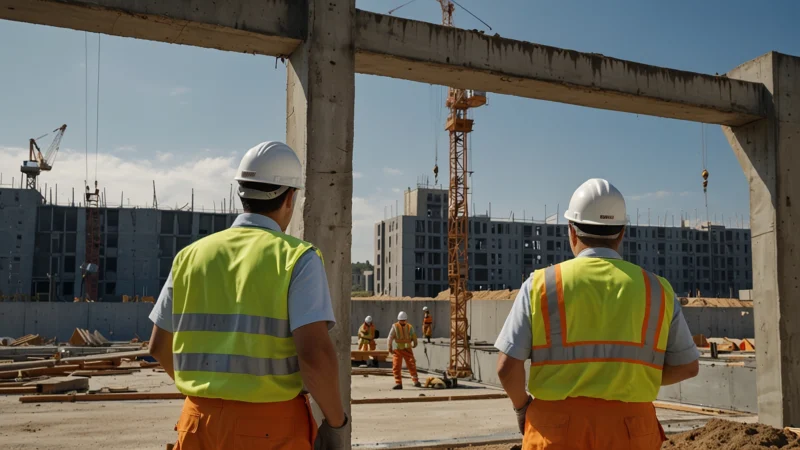 Строители монтируют prefab-балку на объекте восстановления здания