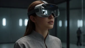 Человек в VR-шлеме смотрит на свое цифровое отражение в виртуальном зеркале, нейтральная комната