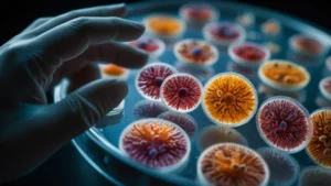 Microscopic view of E. coli bacteria in a laboratory culture, representing long-term experimental evolution lineages