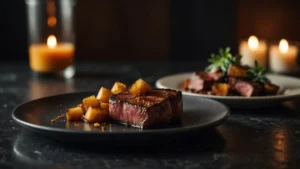 Два куска мяса и карамельный десерт на черном фоне символизируют битву вкусов между реакцией Майяра и карамелизацией