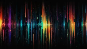 Цифровой глитч-арт с пиксельными артефактами и размытыми линиями на темном фоне