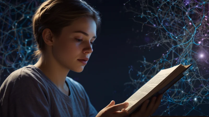 Человек учится с книгой и нейросетью на фоне мозга