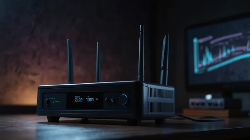 Аномальный сигнал Wi-Fi в темной комнате с мистическим свечением роутера и призрачными символами в воздухе