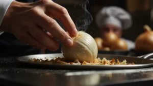 Процесс карамелизации лука на сковороде с золотистой корочкой и паром