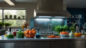 Лабораторная кухня: приборы и продукты на столе, научный эксперимент с едой