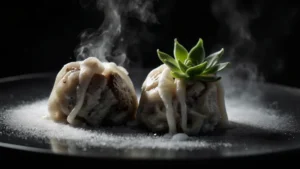 Пельмени с сухим льдом на тарелке в клубах белого тумана, молекулярная кулинария