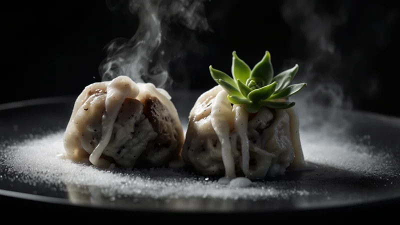 Пельмени с сухим льдом на тарелке в клубах белого тумана, молекулярная кулинария