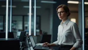 IT-специалист поднимается по карьерной лестнице в офисе с ноутбуком и кодом на экране