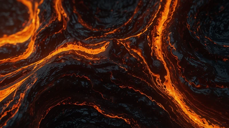 Абстрактное изображение текучей, жидкой геометрической формы, напоминающей раскаленную лаву или магму, с плавными…