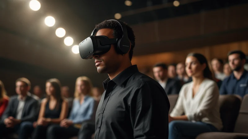 Человек в VR-шлеме тренирует уверенность перед виртуальной аудиторией