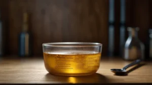 Умами-гель в прозрачной миске с ложкой на фоне лабораторного стола и графиков гормонального отклика
