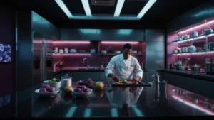 Шеф-повар готовит светящийся картофель на кухне с квантовыми приборами в параллельной реальности