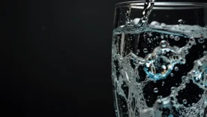 Стакан с прозрачной газированной водой, из которой поднимаются ароматные пузырьки и легкое облако пены на темном фоне
