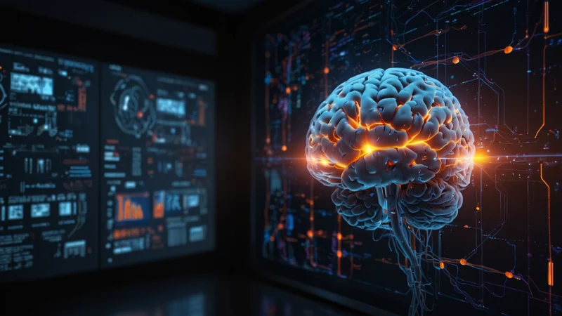Визуализация нейро-маркетинга: сканирование мозга и рекламные сигналы на фоне цифрового интерфейса