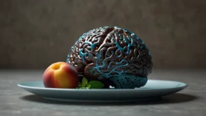 Мозг человека с яркими нейронными связями и еда на переднем плане, иллюстрирующая нейрогастрономию