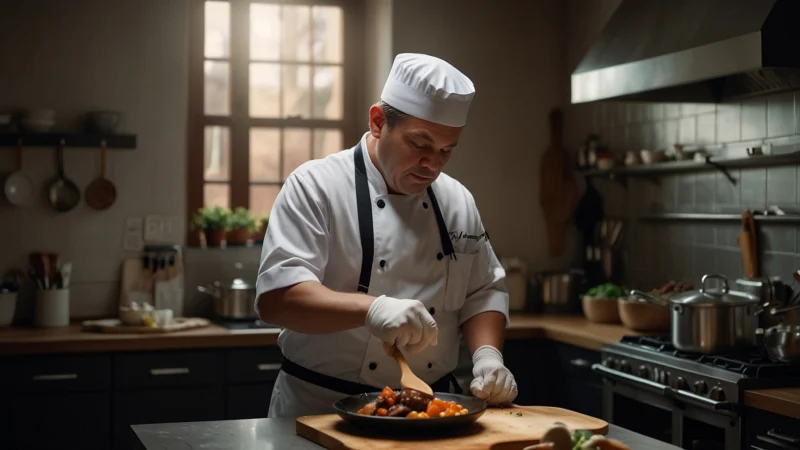 Шеф-повар добавляет ферментированный соус в блюдо для усиления вкуса без видимой соли