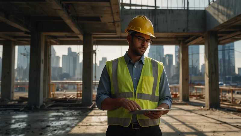 Строительная площадка с цифровыми датчиками в бетоне и BIM-моделью здания на планшете