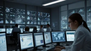 Ученые работают за компьютерами в облачной лаборатории с виртуальными серверами и данными