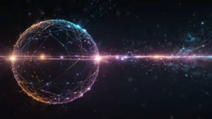 Абстрактная визуализация параллельных причинностей: две квантовые частицы, связанные невидимой нитью, на фоне…