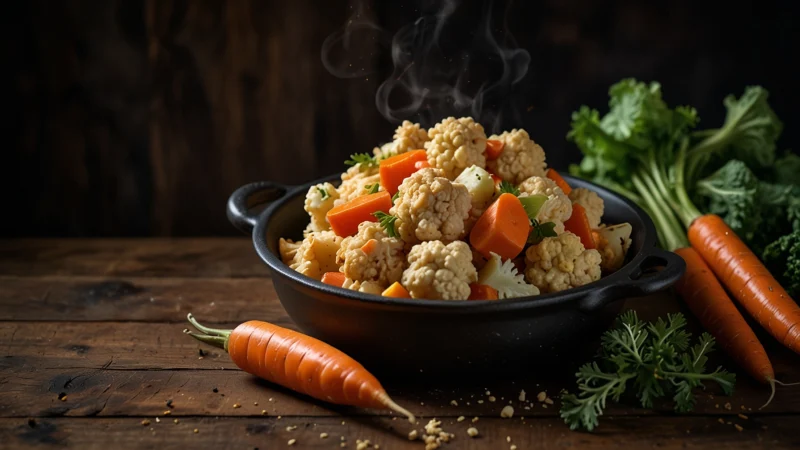 Рассыпчатый плов из цветной капусты с мясом и морковью в казане на деревянном столе