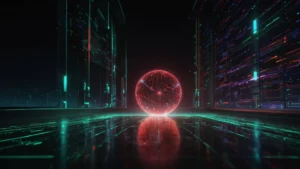 Схема квантовой телепортации с запутанными фотонами и лазерными лучами на темном фоне